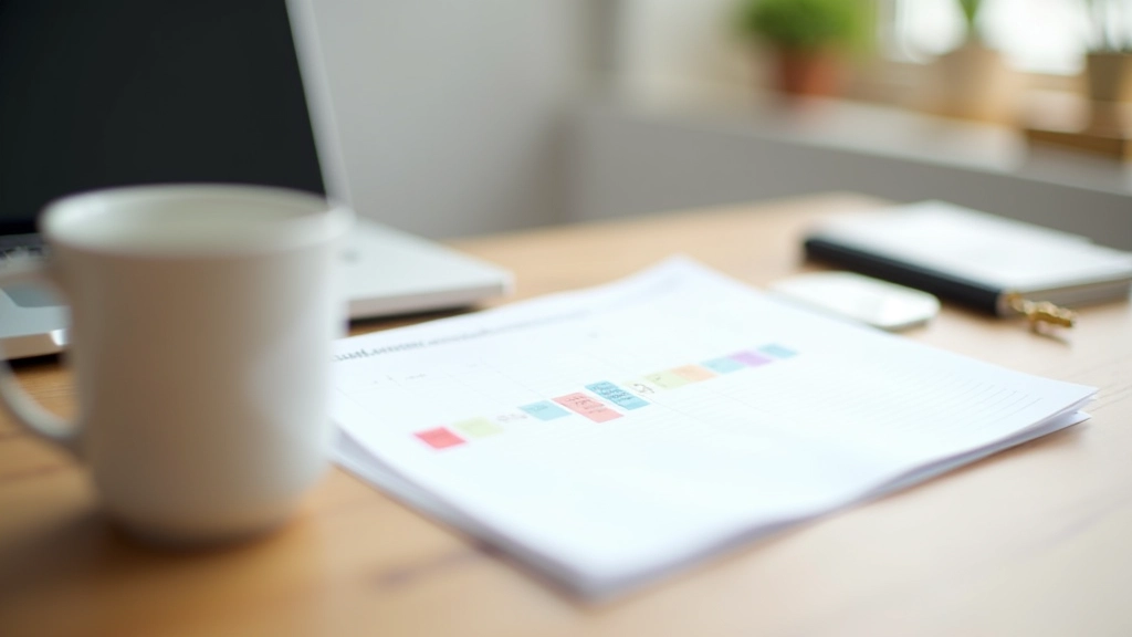 Organized calendar and planner on desk with clear time blocks marked, clean minimalist workspace
