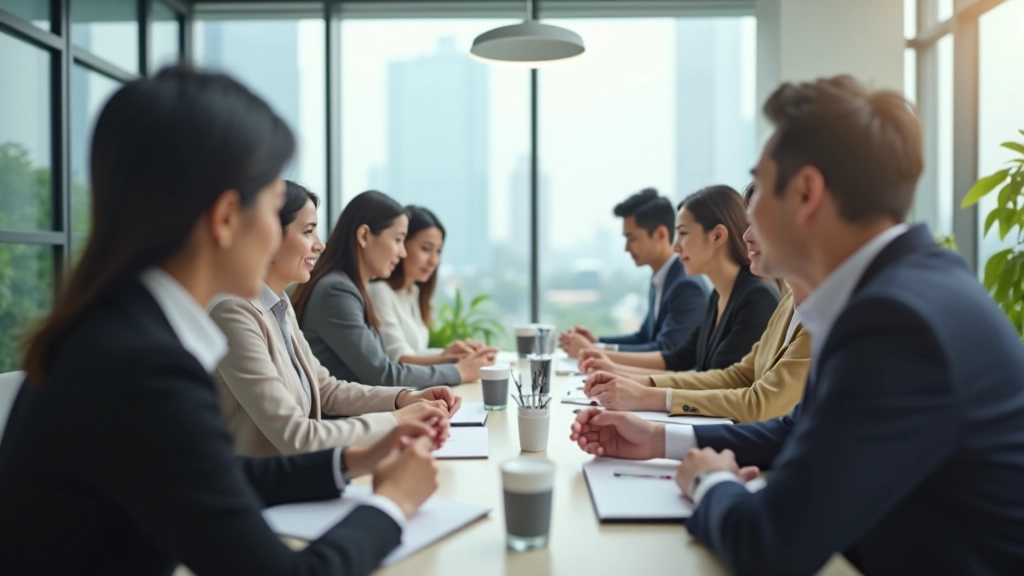 Team members in open office, some focused at desks while others collaborate in background