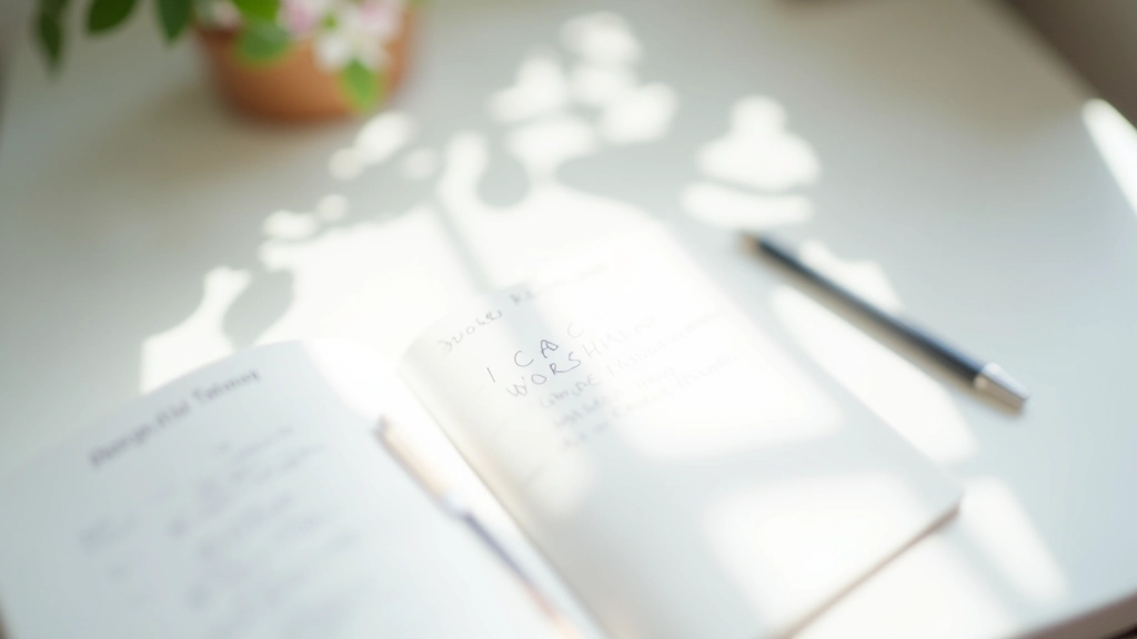 Notebook with handwritten notes, minimal desk setup, organized workspace
