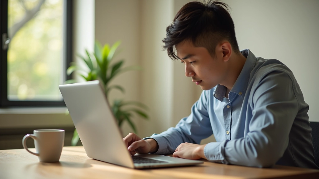 Person working intently at desk with coffee, natural morning light streaming through window