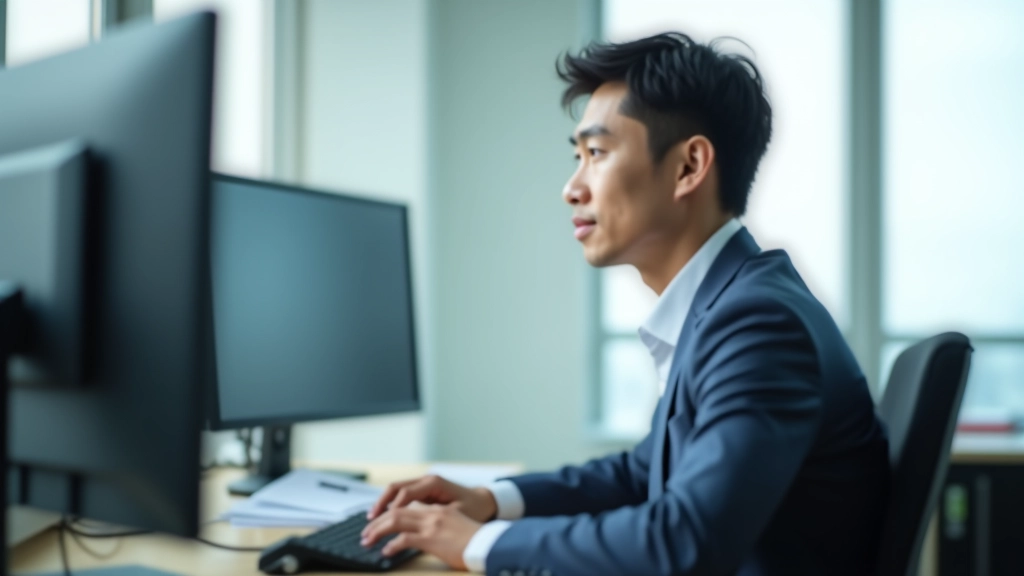 Focused professional working at desk with multiple monitors, deep concentration, bright office environment