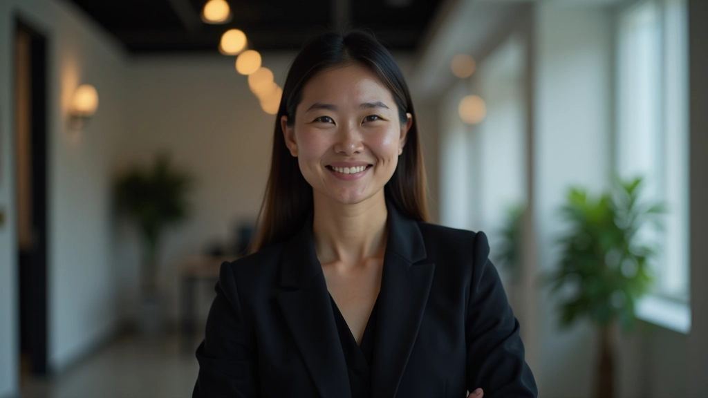 Female productivity researcher with professional presence in office environment